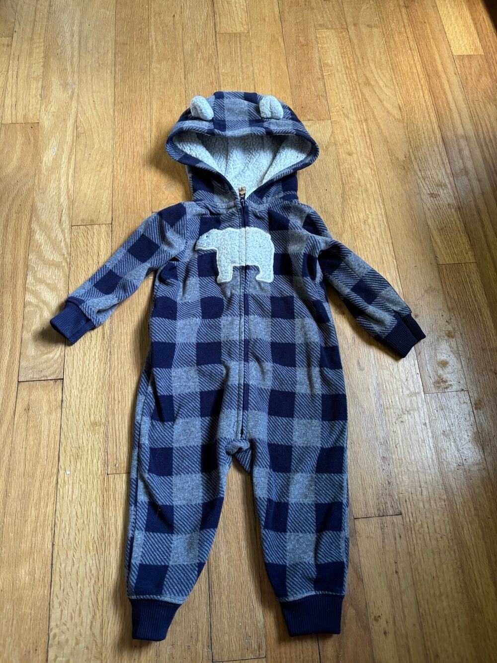 Carter's hooded fleece jumpsuit, 9M, navy buffalo plaid, polar bear